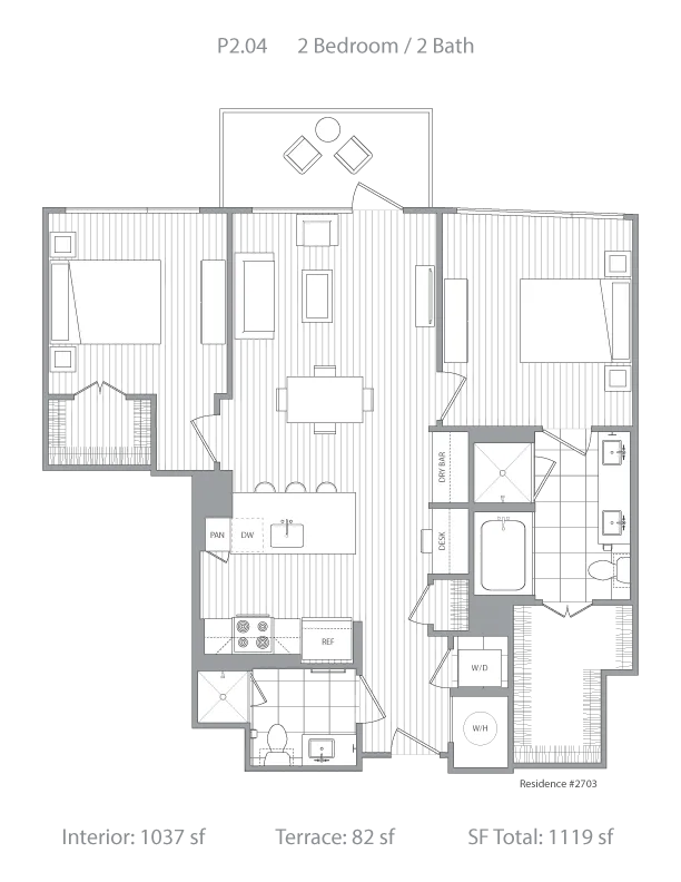 Modern apartment floor plan P2.04 with 2 bedrooms, 2 bathrooms, an inviting living area, and a beautiful terrace. Spacious 1037 sq ft interior plus 82 sq ft terrace.
