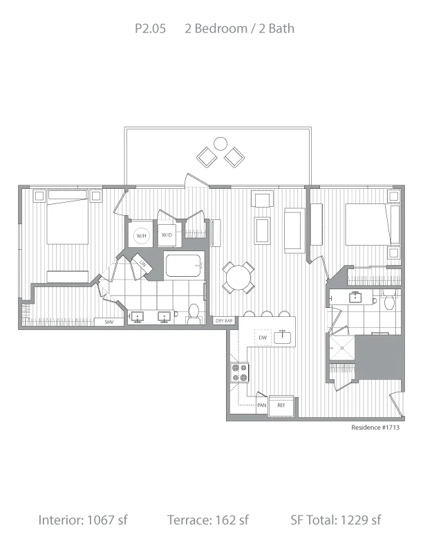 Chic P2.05 floor plan with 2 bedrooms, 2 bathrooms, and a spacious terrace. Includes modern kitchen and open-concept living area, totaling 1229 sq ft.