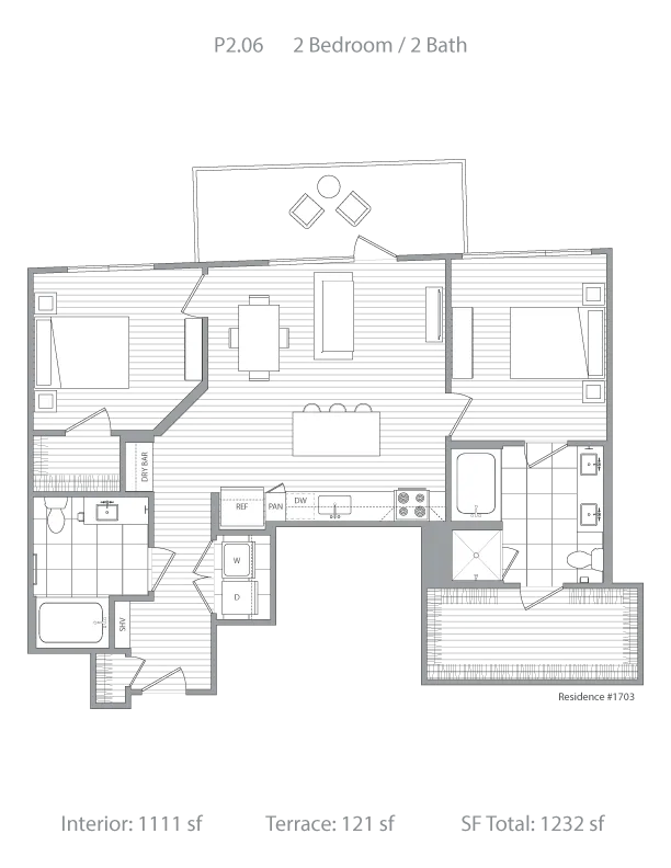 Spacious floor plan of residence P2.06 featuring 2 bedrooms, 2 baths, and open living area with dining space. Includes a modern kitchen and a private terrace, totaling 1232 sq ft with 1111 sq ft interior and 121 sq ft terrace.