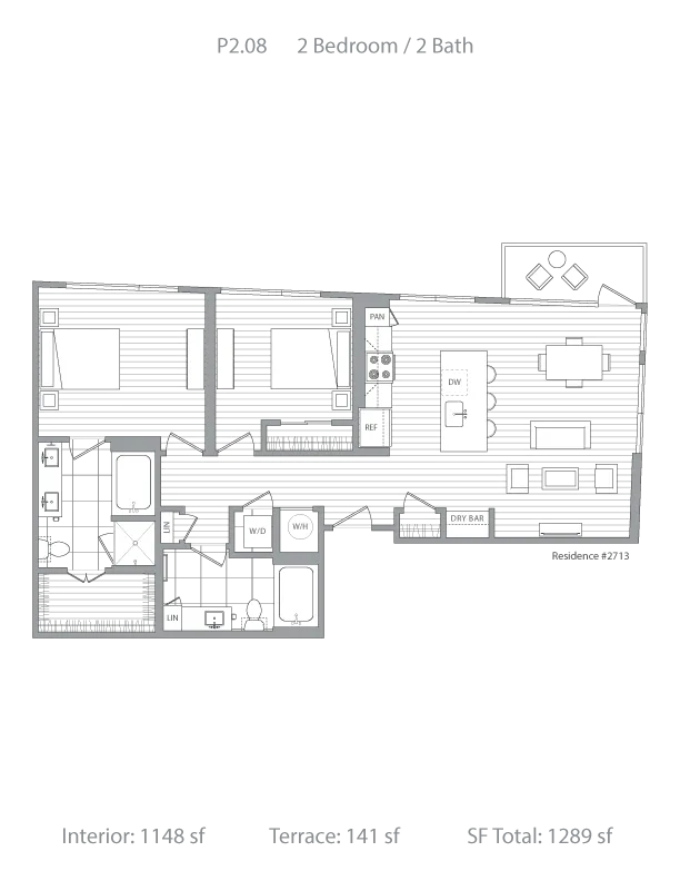 Chic 2-bedroom, 2-bath floor plan featuring a spacious open living area, modern kitchen with dry bar, and a private terrace in 1289 sf.
