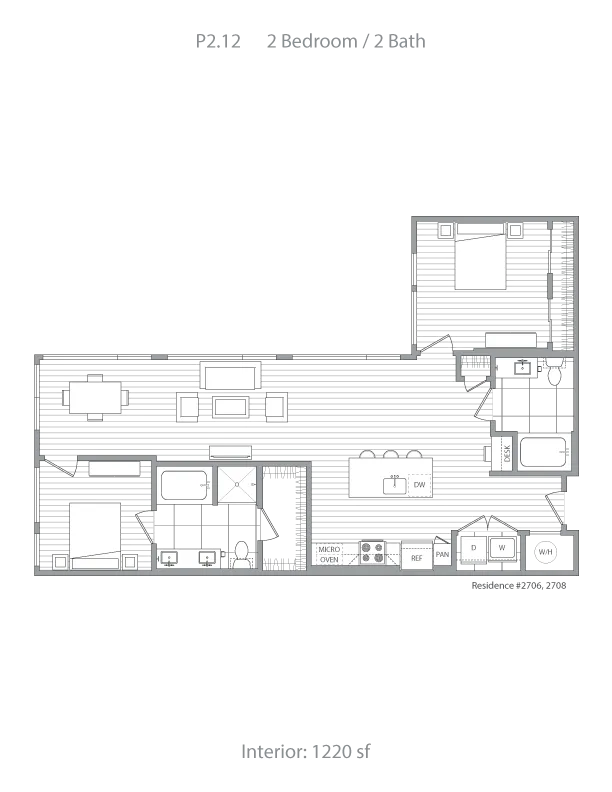 Modern floor plan showcasing 2 bedrooms and 2 bathrooms with a stylish open-concept living area and fully equipped kitchen, covering 1220 sq ft.