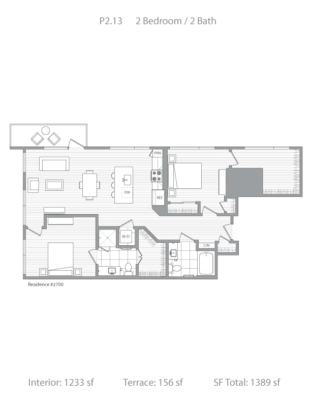 Modern floor plan featuring 2 bedrooms and 2 bathrooms, open-concept living and dining area, spacious kitchen, and private terrace. Total area 1389 sf.
