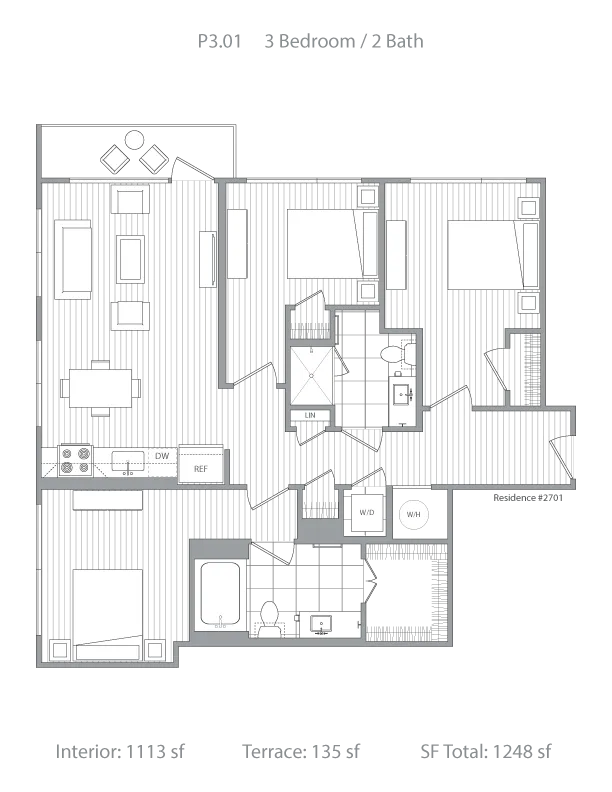 Elegant 3-bedroom, 2-bathroom floor plan with an open-concept living space, modern kitchen, and a cozy terrace, totaling 1248 sq ft.