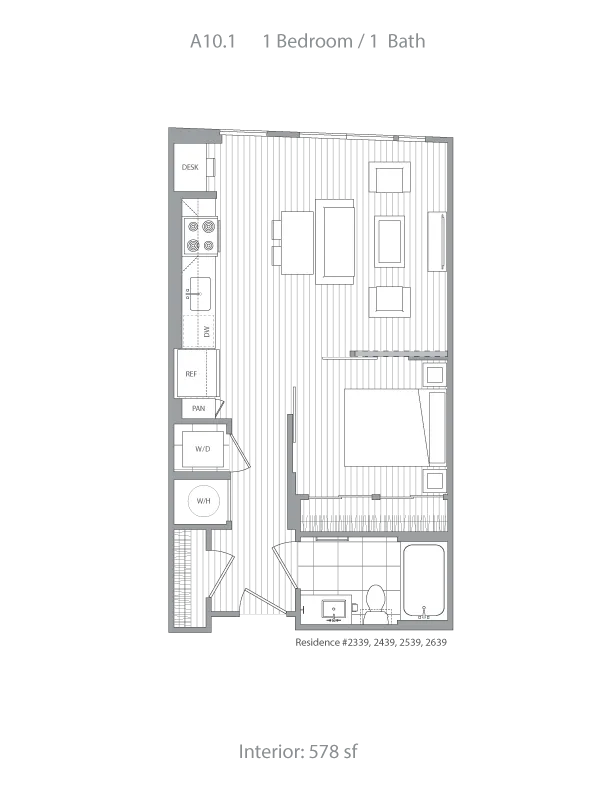 Modern floor plan featuring 1 bedroom, 1 bath with open-concept living and dining area in a compact 578 sq ft layout.