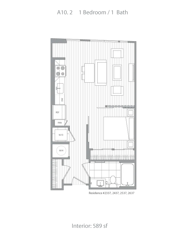 Modern floor plan A10.2 featuring 1 bedroom, 1 bath, open-concept kitchen and living area, 589 sq ft.