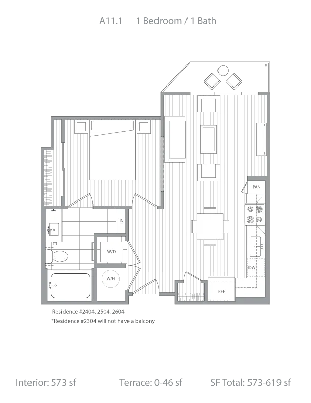 Modern floor plan A11.1 featuring 1 bedroom, 1 bath, open-concept living area, and stylish kitchen with terrace. Interior measures 573 sf.