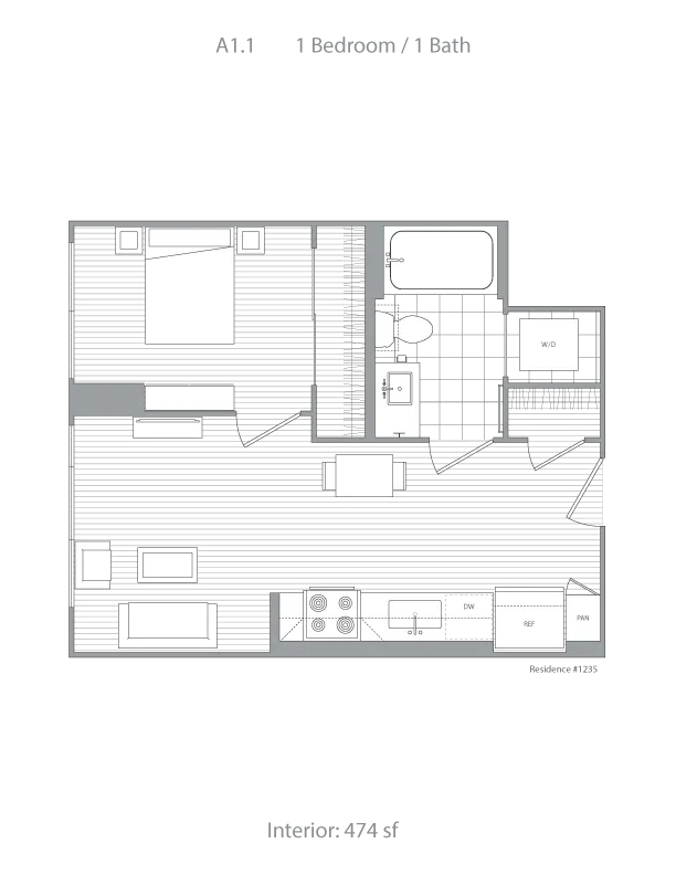 Modern 1 bedroom, 1 bath floor plan featuring an open-concept living area, efficient kitchen, and cozy layout, ideal for urban living in 474 sq ft.