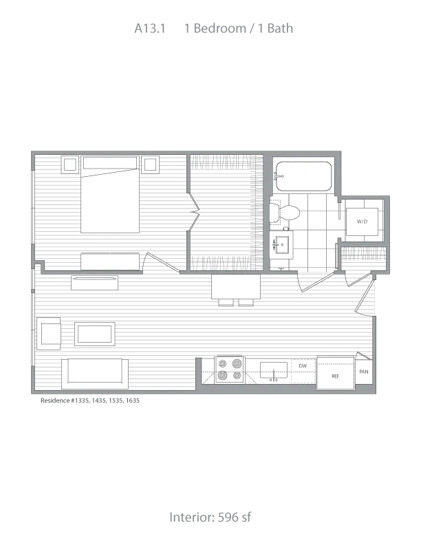 Elegant 1-bedroom floor plan A13.1 featuring a modern kitchen, chic living area, and stylish bathroom, 596 sq ft of interior space.
