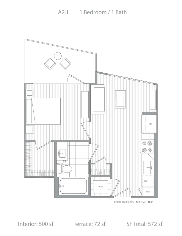 Contemporary 1-bedroom floor plan showcasing a sleek layout with a private terrace, open-concept living area, and modern kitchen. Interior space of 500 sq ft with an additional 72 sq ft terrace.