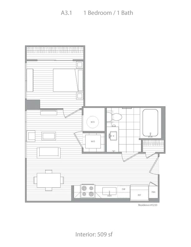 Contemporary 1 bedroom, 1 bathroom floor plan with open kitchen and cozy living area, totaling 509 sq ft.