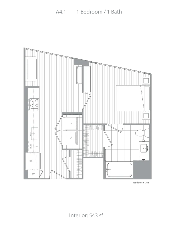 Chic floor plan showcasing a 1-bedroom, 1-bathroom apartment with a sleek open kitchen layout and cozy living area, covering 543 sq ft.