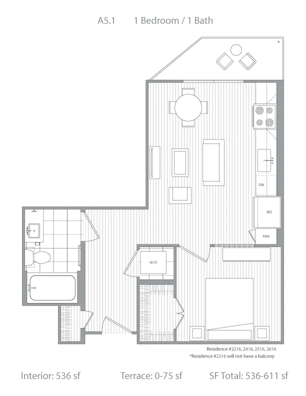 Modern 1-bedroom, 1-bath floor plan with open-concept living and dining area, compact kitchen, and optional terrace in a 536-611 sq ft layout.