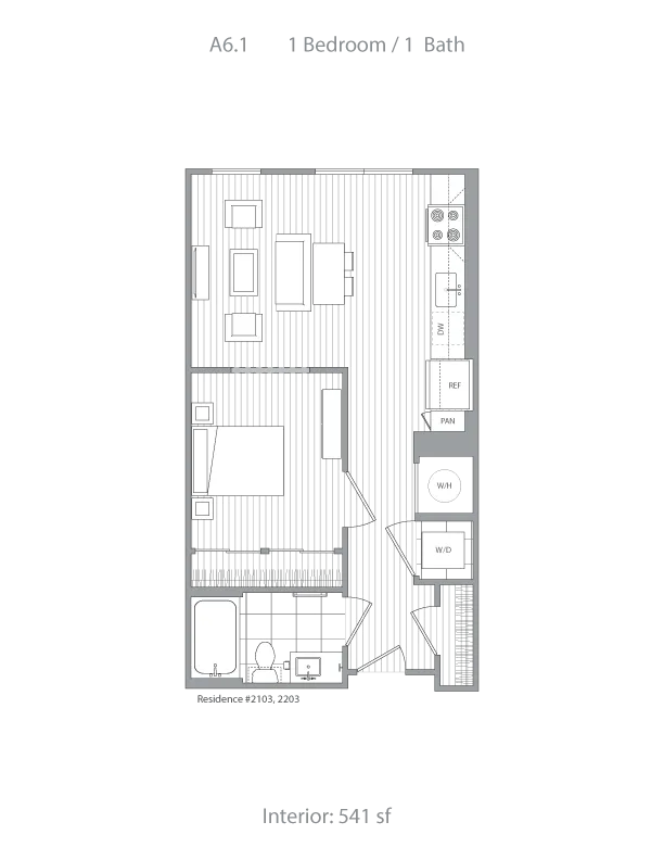 Efficient A6.1 floor plan featuring 1 bedroom and 1 bath within 541 square feet, showcasing a modern kitchen and cozy living area.