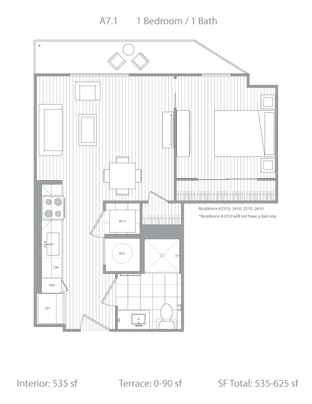 Chic and efficient floor plan A7.1 featuring 1 bedroom and 1 bath with an open living area and modern kitchen, ideal for cozy living.