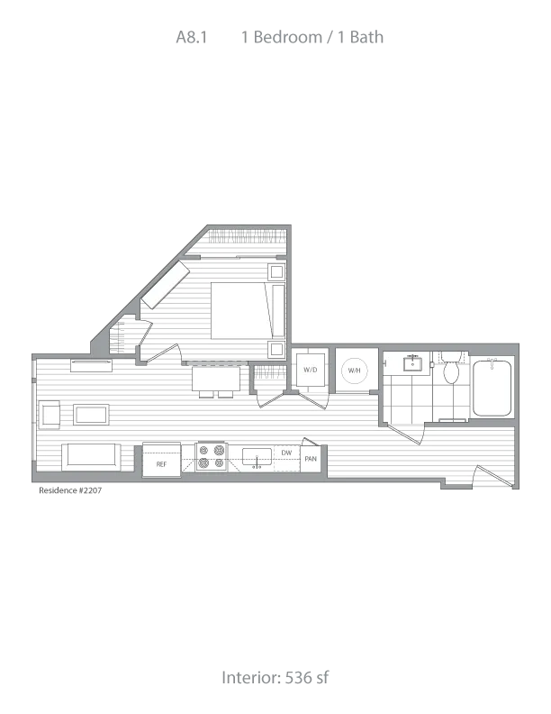Modern floor plan of a 1 bedroom, 1 bath apartment featuring an open living area and efficient kitchen layout, spanning 536 sq ft.
