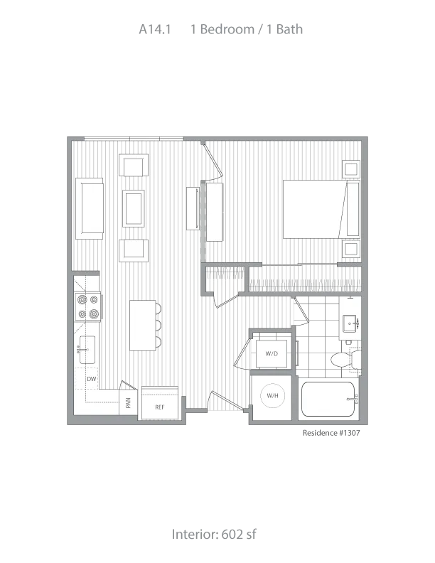 Modern floor plan A14.1 featuring 1 bedroom and 1 bath with a spacious open-concept living area and a well-equipped kitchen, totaling 602 sq ft.