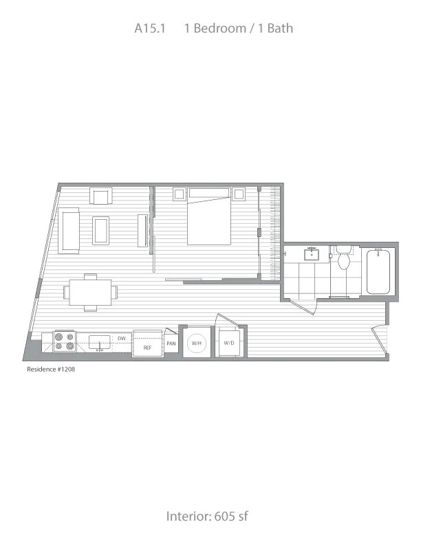 Modern 1-bedroom, 1-bath floor plan, highlighting an open living area and efficient kitchen layout, spanning 605 sq ft.