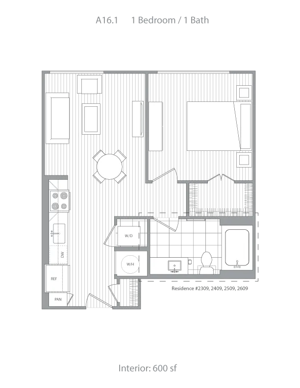 Chic 1-bedroom floor plan featuring an open-concept living space, modern kitchen, and spacious bathroom in 600 sq ft.