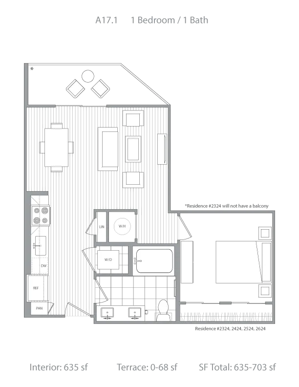 Modern floor plan displaying 1 bedroom, 1 bathroom with open-concept living-dining area in a 635-703 sf space, featuring optional terrace.