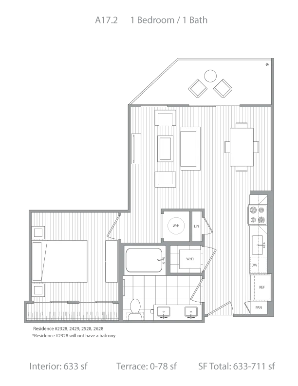 Modern floor plan A17.2 featuring 1 bedroom, 1 bath, open living and dining space, and a well-equipped kitchen in 633 sq ft with optional terrace up to 78 sq ft.