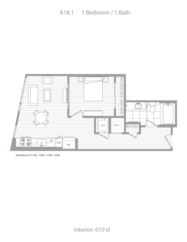 Modern 2D floor plan of a 1 bedroom, 1 bathroom apartment with open-concept living area, featuring contemporary kitchen amenities and cozy dining space, spanning 610 square feet.