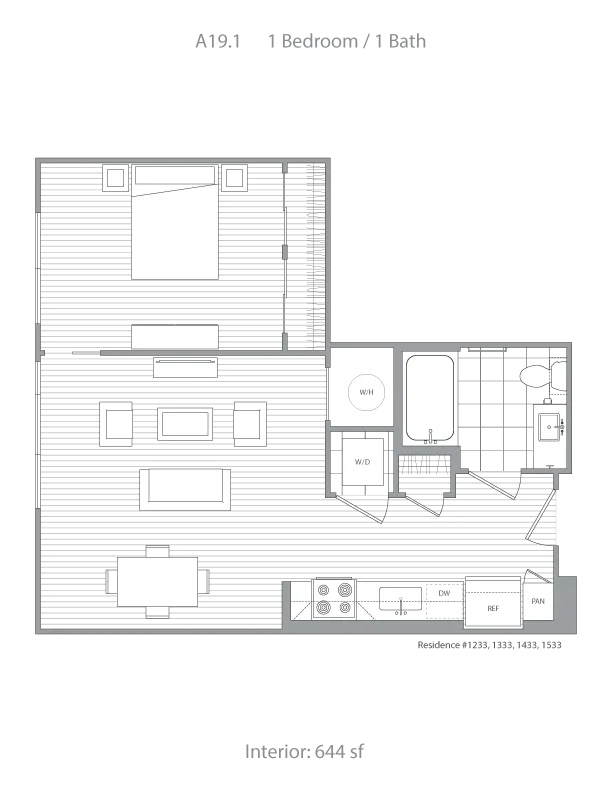 Contemporary 1 bedroom, 1 bath floor plan featuring an open living area, modern kitchen, and efficient use of 644 sq ft space.