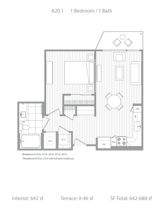 Modern floor plan A20.1 featuring 1 bedroom and 1 bath, highlighting an open living area and sleek kitchen with terrace options, ranging from 642 to 688 sq ft.