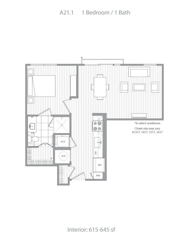 Modern 1 bedroom, 1 bath floor plan offering open-concept living with spacious living area, stylish kitchen, and 615-645 sq ft of comfortable space.
