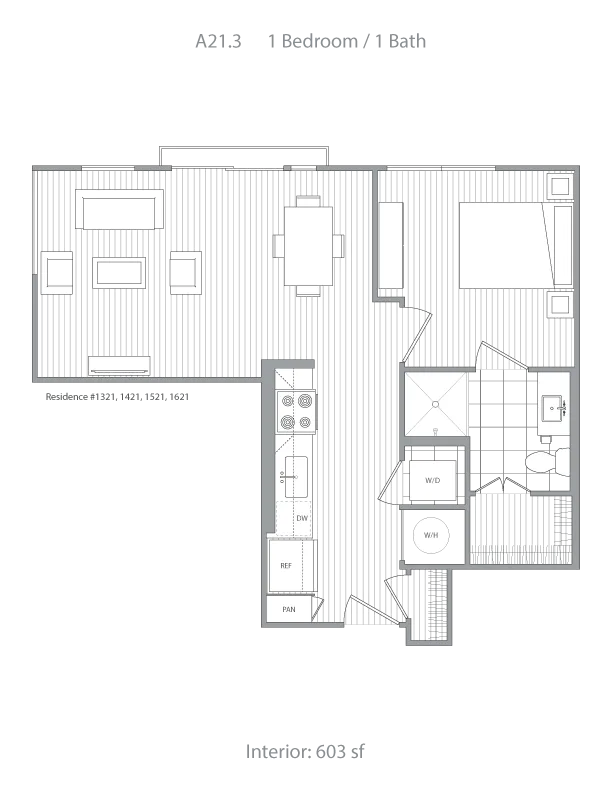 Modern 1 bedroom, 1 bath apartment floor plan featuring an open living space and efficient kitchen layout, 603 sq ft.