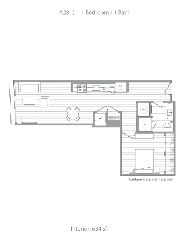 Chic 1-bedroom, 1-bath apartment floor plan with open layout, modern kitchen, and washer/dryer in 634 sf.