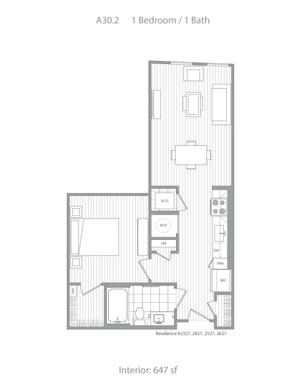 Chic 1-bedroom floor plan featuring an open living space, modern kitchen, and bathroom in 647 sq ft layout.