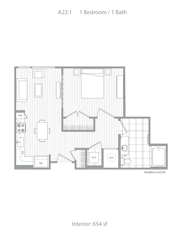Modern 1 bedroom, 1 bath floor plan offering open-concept living, dining area, and stylish kitchen, 654 sq ft.