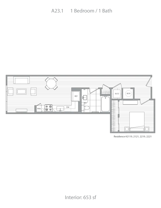 Sleek floor plan showcasing 1 bedroom and 1 bath apartment with an open living area and modern kitchen, 653 sq ft interior.