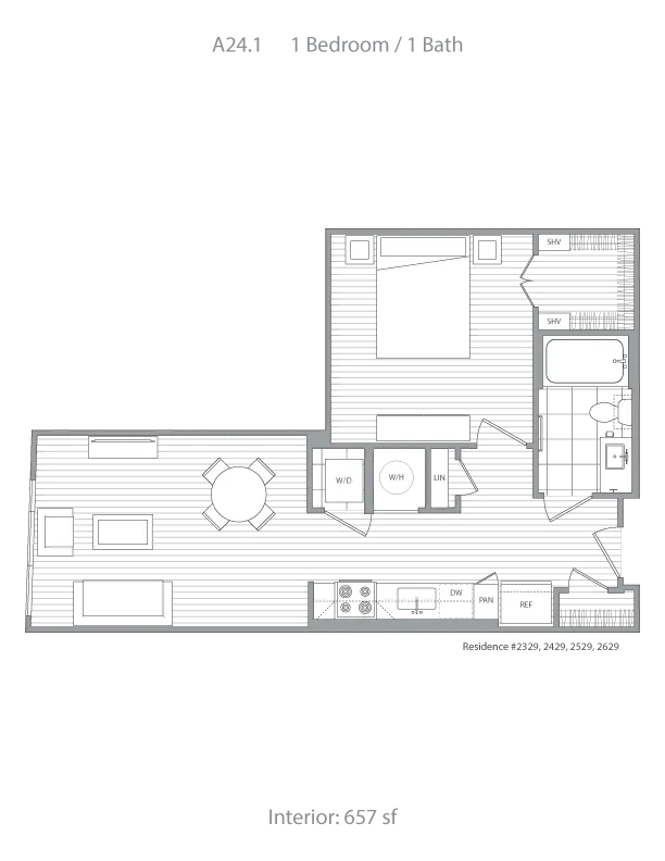 Elegant floor plan A24.1 featuring 1 bedroom, 1 bath with modern interior spanning 657 sq ft, inclusive of cozy living and dining areas, and a well-equipped kitchen.
