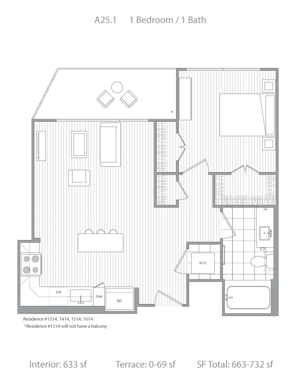 Chic A25.1 floor plan featuring 1 bedroom, open-concept living area, modern kitchen, and 1 bath. Interior space of 633 sq ft, with optional terrace from 0-69 sq ft, total size 663-732 sq ft. Ideal for sophisticated urban living.