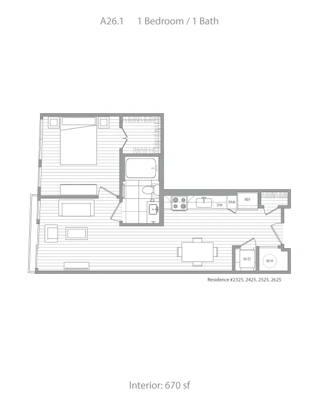 Contemporary floor plan of 1 bedroom, 1 bath, featuring open living and dining area, modern kitchen, and 670 sq ft interior.