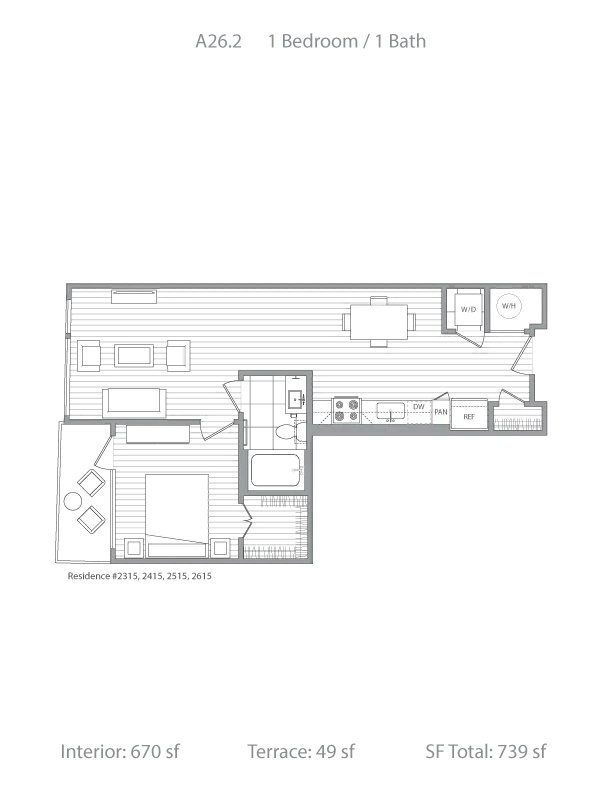 Modern floor plan for a 1-bedroom, 1-bathroom apartment with a spacious 670 sq ft interior and an inviting 49 sq ft terrace, ideal for contemporary living.