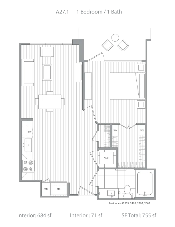 Modern 1 bedroom, 1 bath floor plan A27.1 featuring an open-concept dining and living area, balcony, and efficient kitchen layout. Total space of 755 sf with sleek interior design.