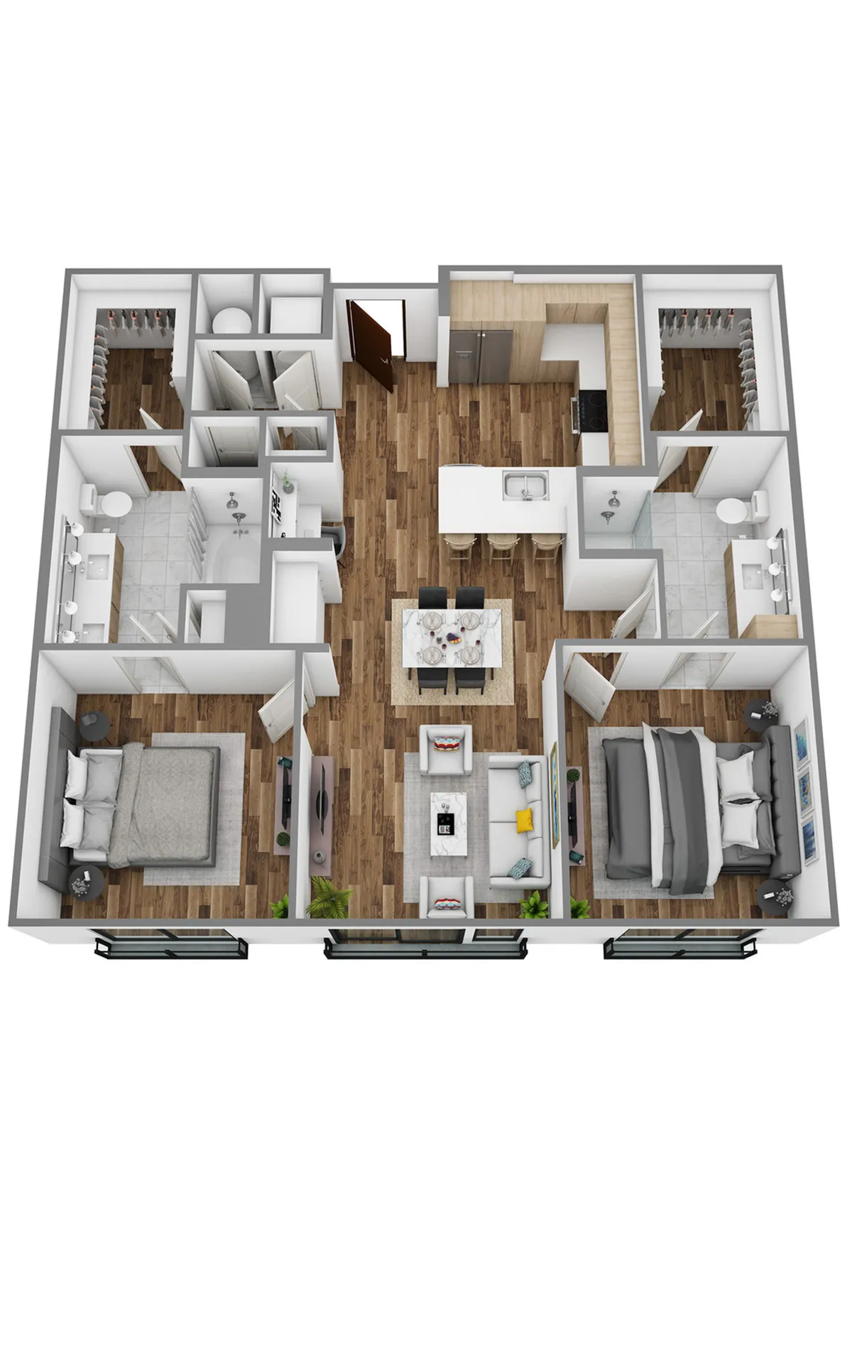 3D floor plan featuring two bedrooms, open living area, modern kitchen, and two bathrooms with hardwood flooring.