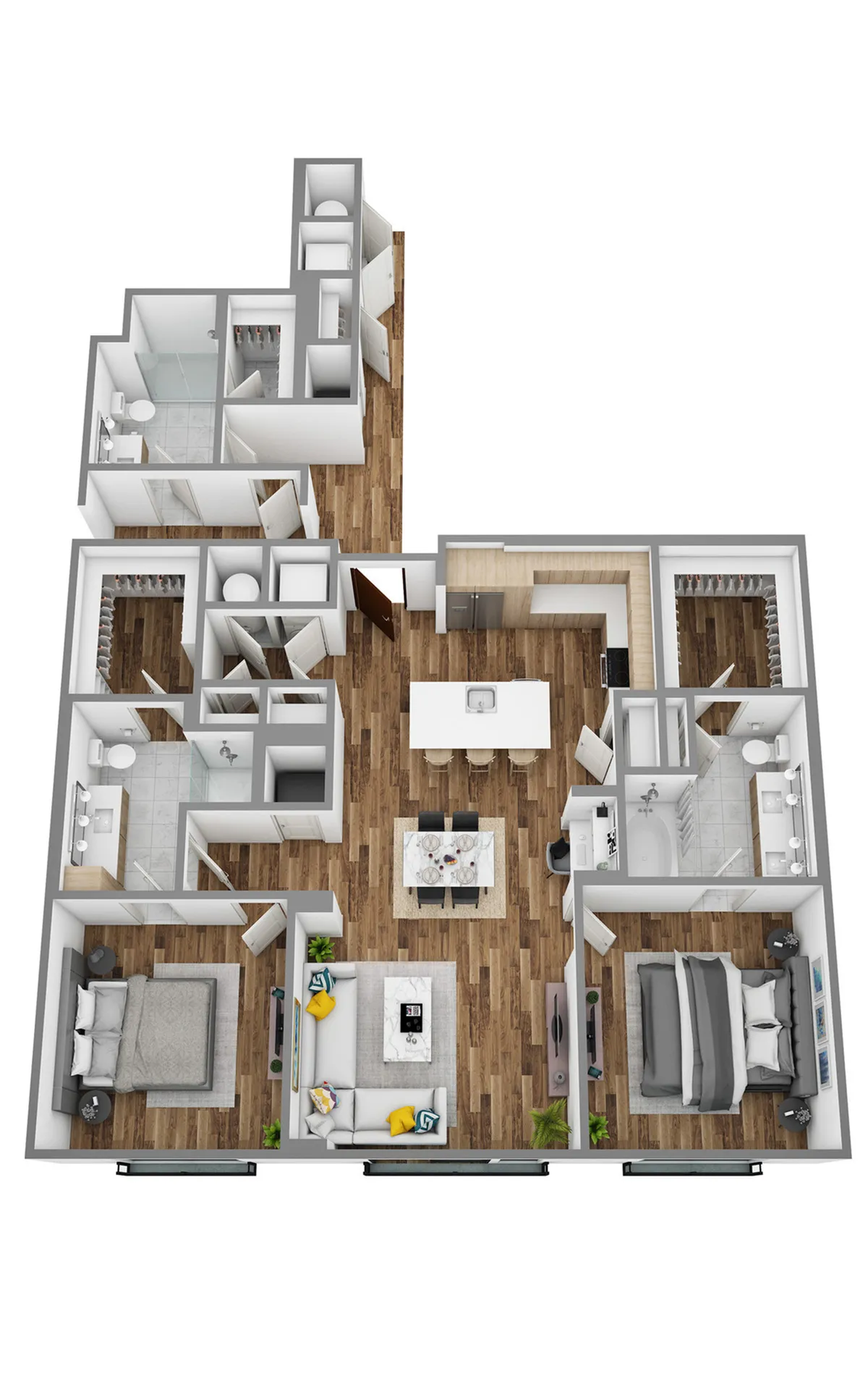 3D floor plan of an elegant apartment with two bedrooms, open living area, and modern kitchen.