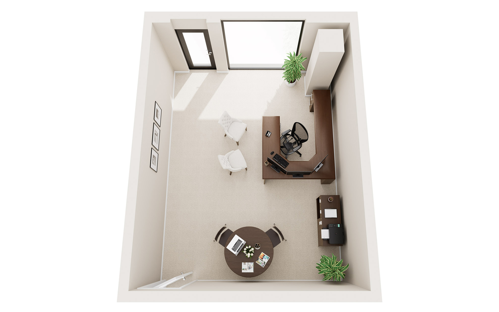 Inviting office layout showcasing a modern L-shaped desk, comfortable seating, and large windows for natural light.