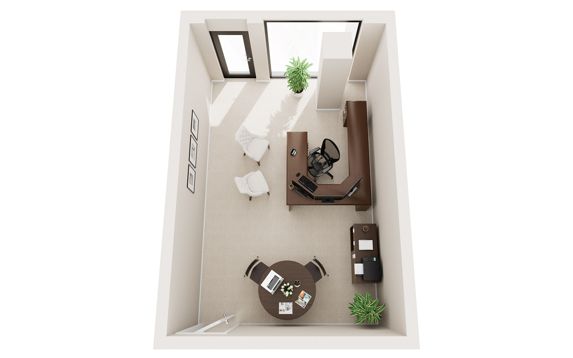 Modern home office floor plan featuring a sleek L-shaped desk, comfortable seating area, and natural light from large windows.