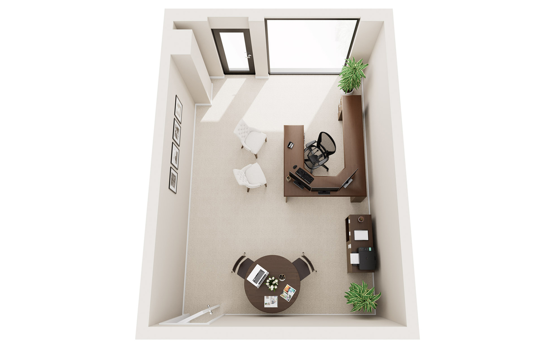 Modern office floor plan featuring sleek furniture arrangement, large window for natural light, and a professional workspace layout.