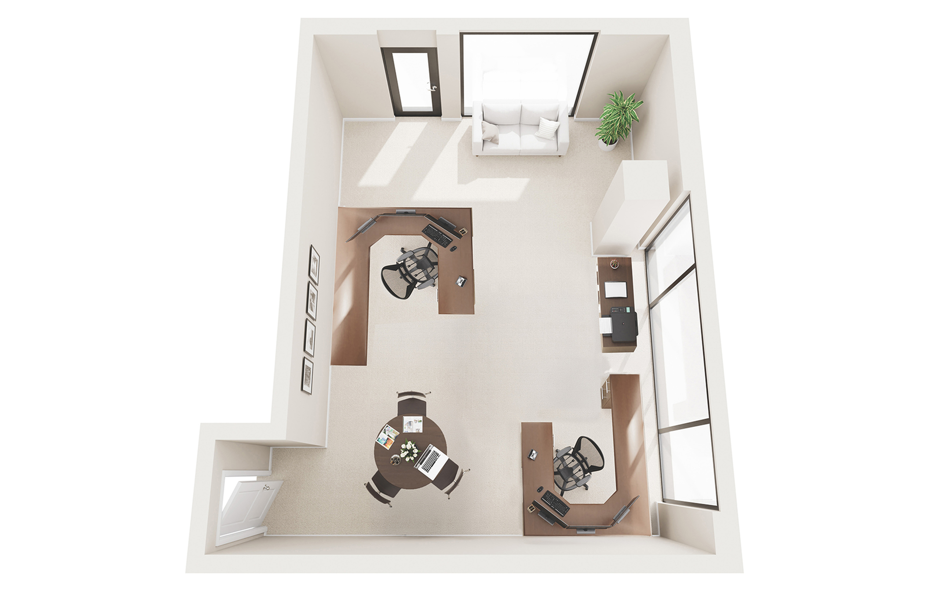 Modern office layout with sleek desks, ergonomic chairs, and large windows for natural light.