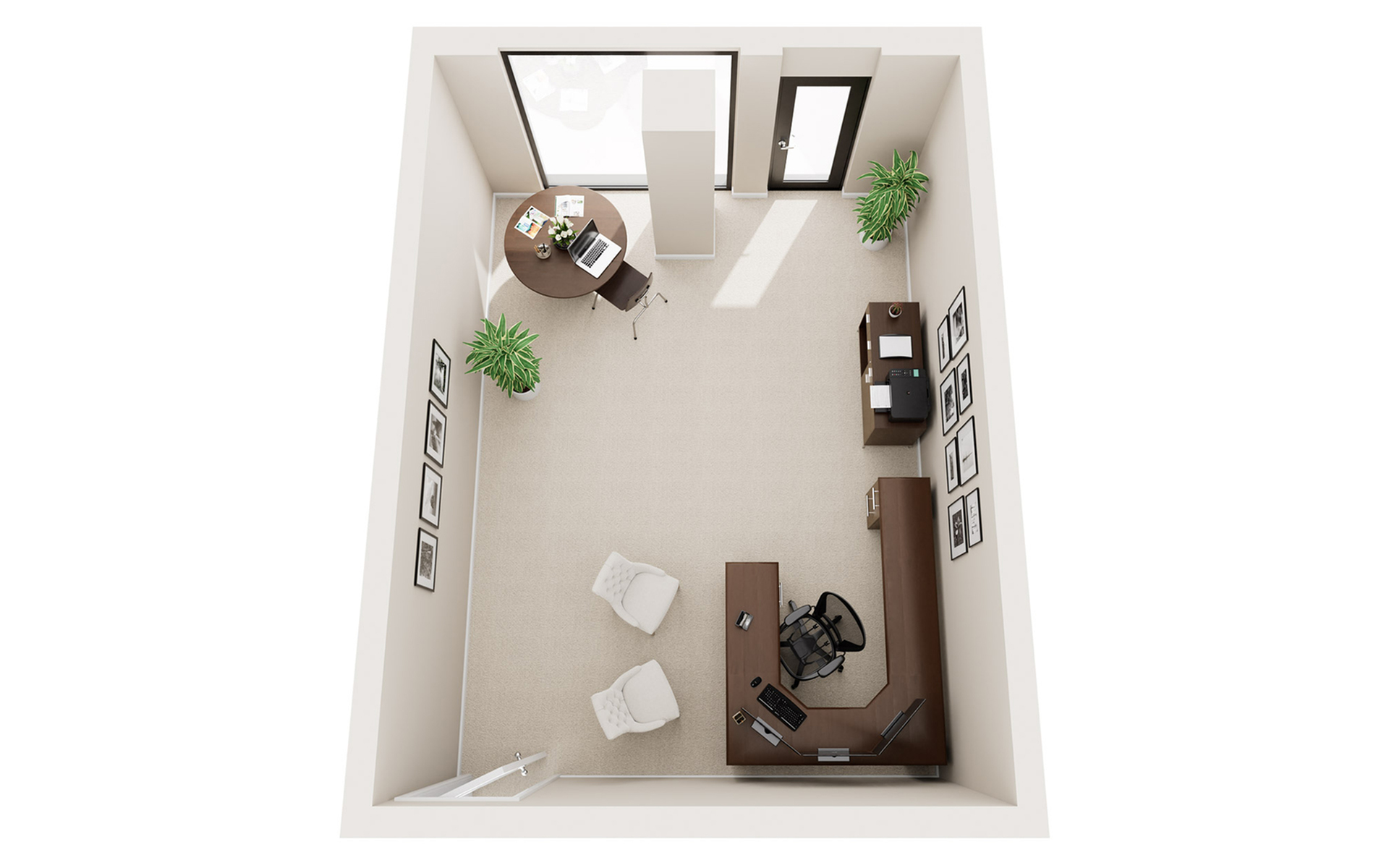 Sophisticated office space with modern desk setup, casual seating, and natural light.