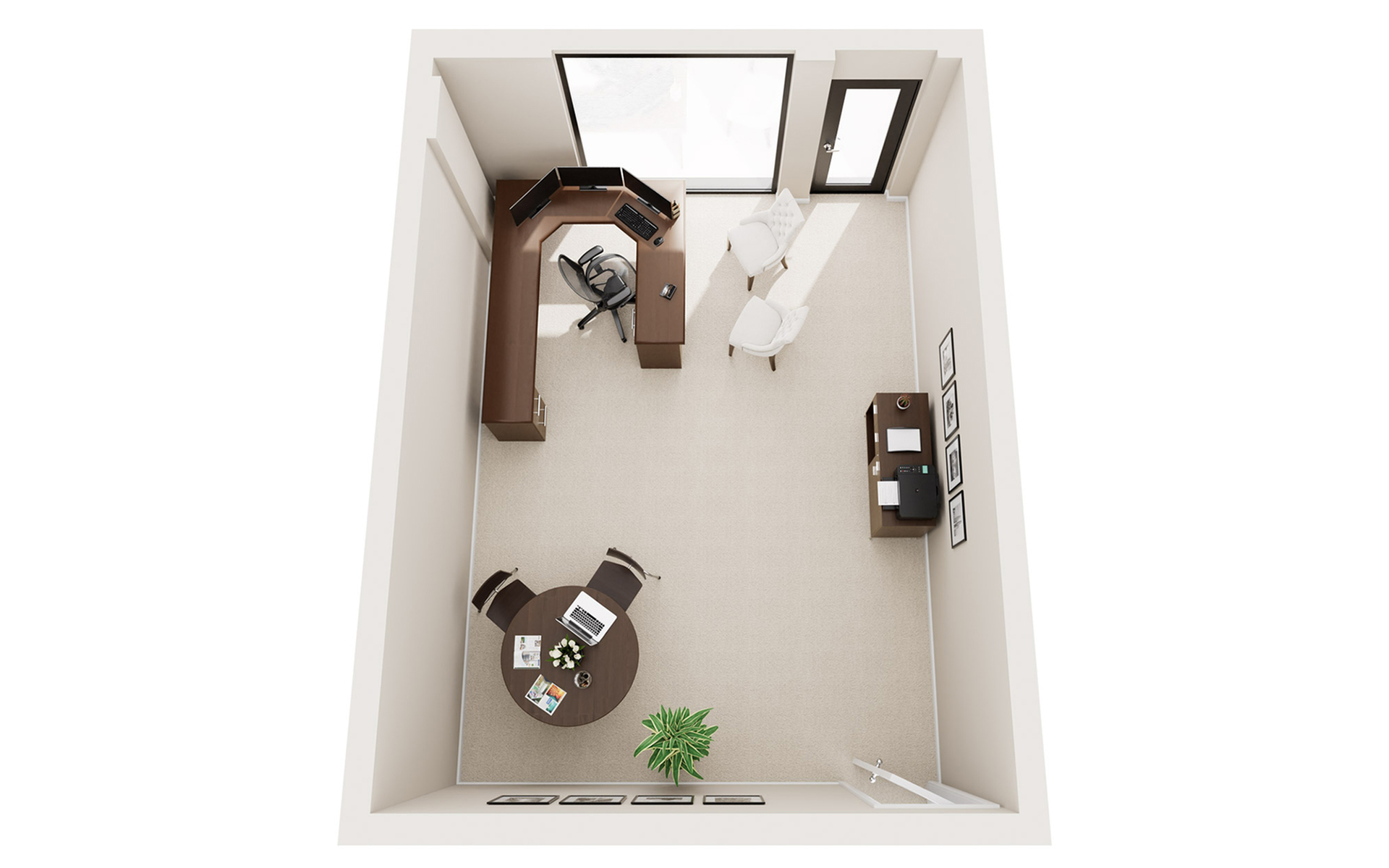 Modern office space with elegant corner desk, comfortable seating, and large window for natural light.