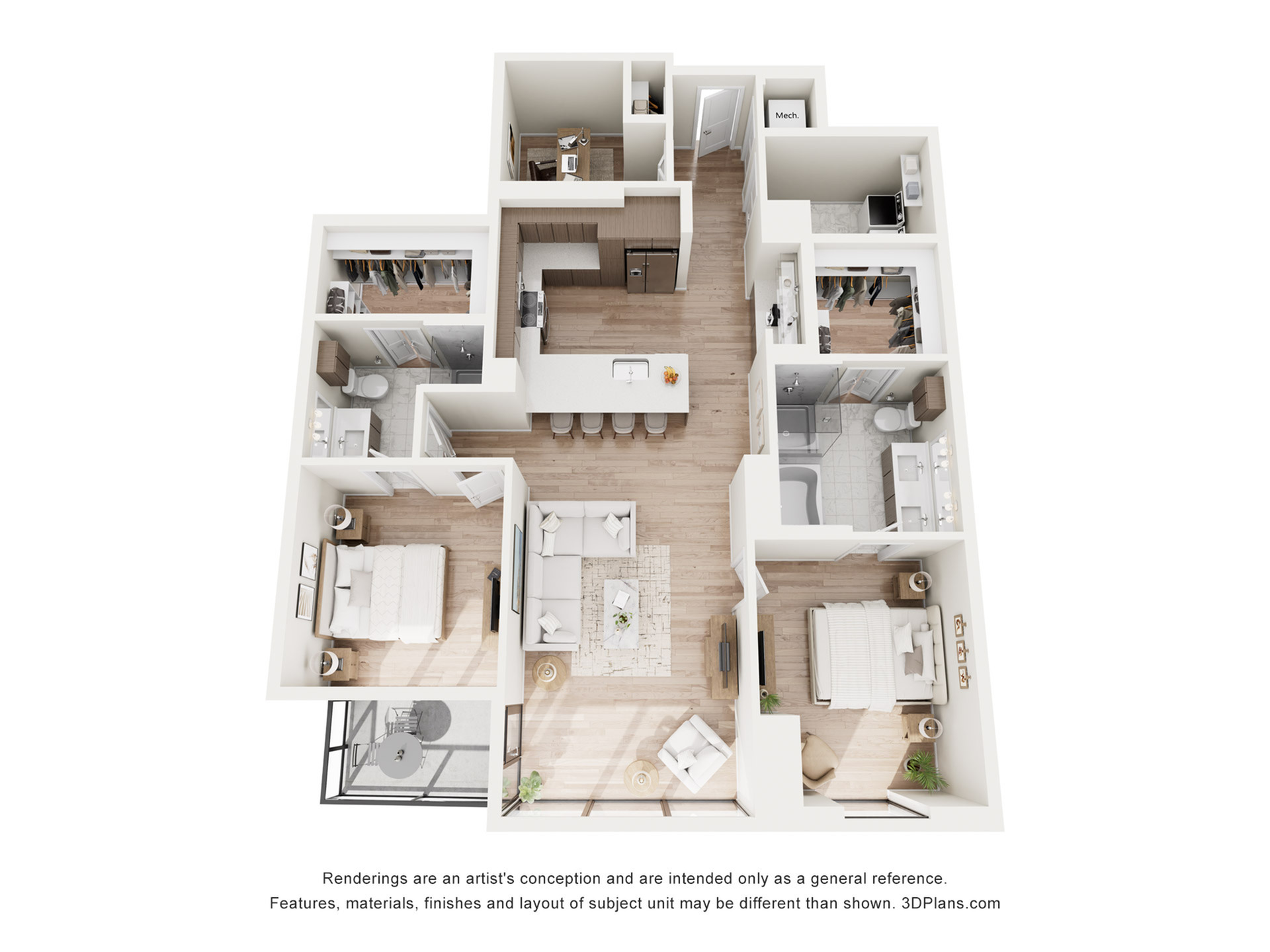 Contemporary 3D floor plan showcasing a spacious 2-bedroom apartment with modern kitchen, inviting living area, and elegant bathrooms.