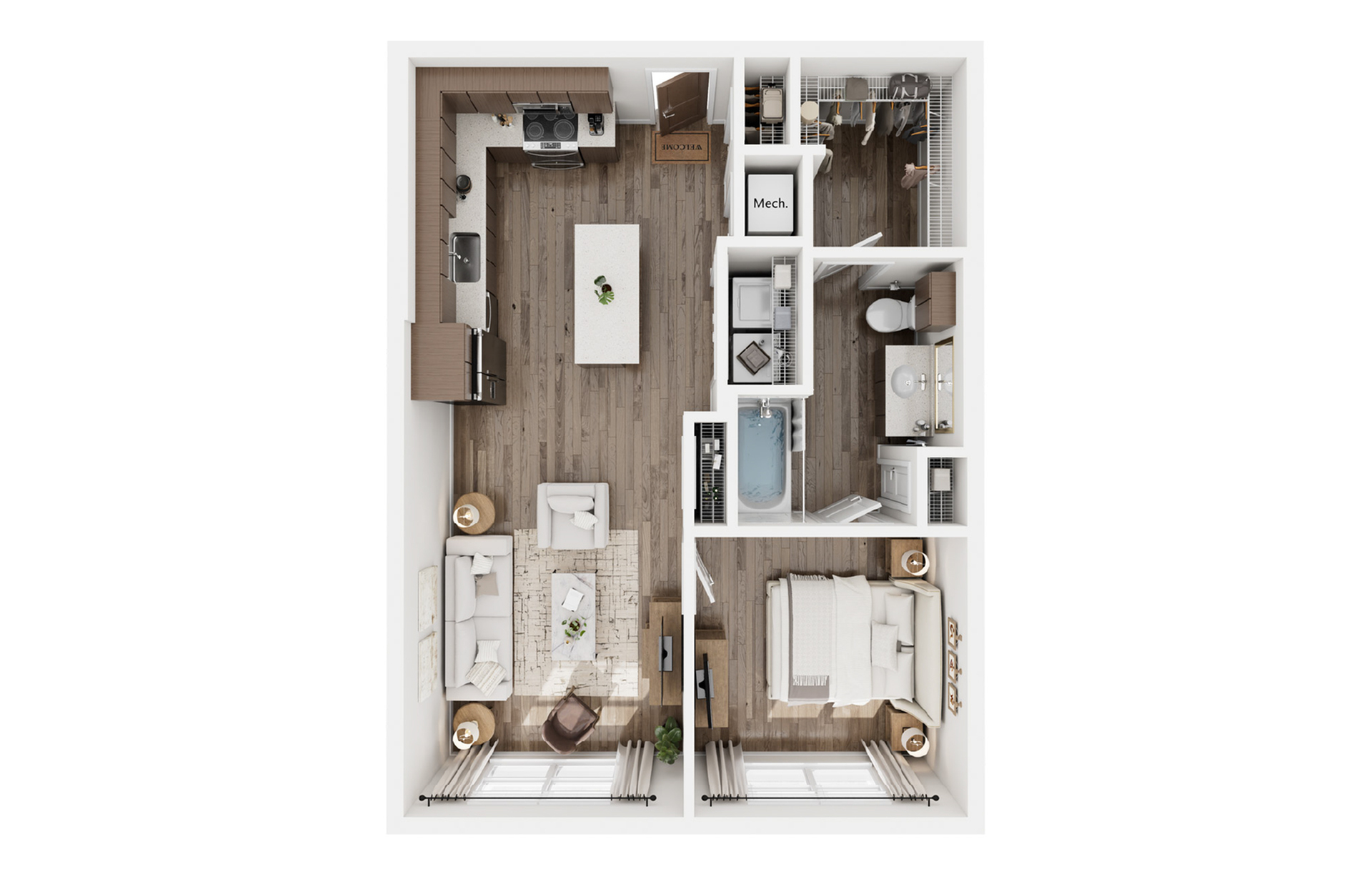 Modern 1-bedroom apartment floor plan featuring an open-concept kitchen and living area, spacious bathroom, and walk-in closet.