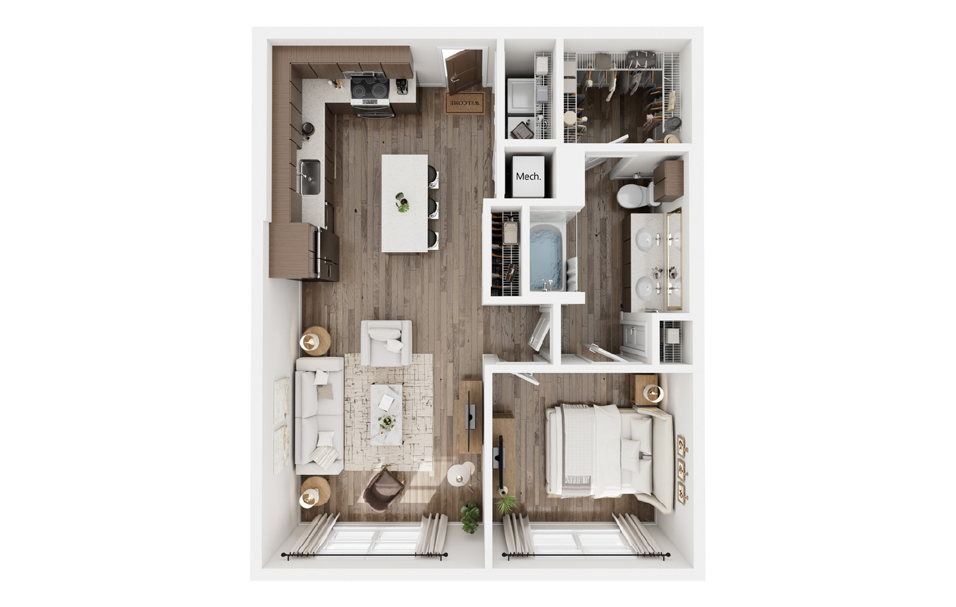 Modern floor plan showcasing 1 bedroom, open kitchen, cozy living room, and elegant bathroom with double vanity.