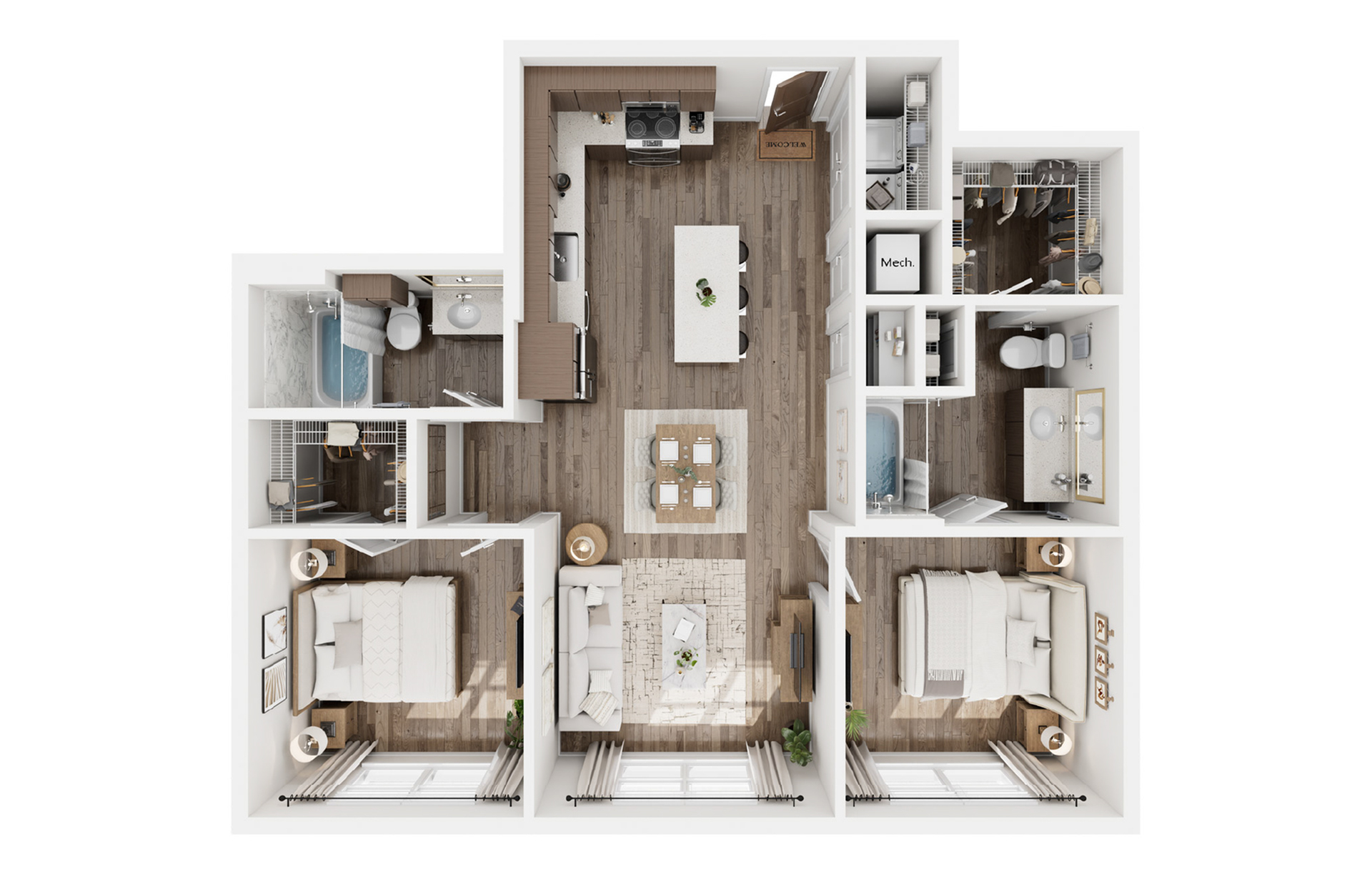 Modern 2-bedroom apartment floor plan with open kitchen, inviting living area, and elegant bathrooms.